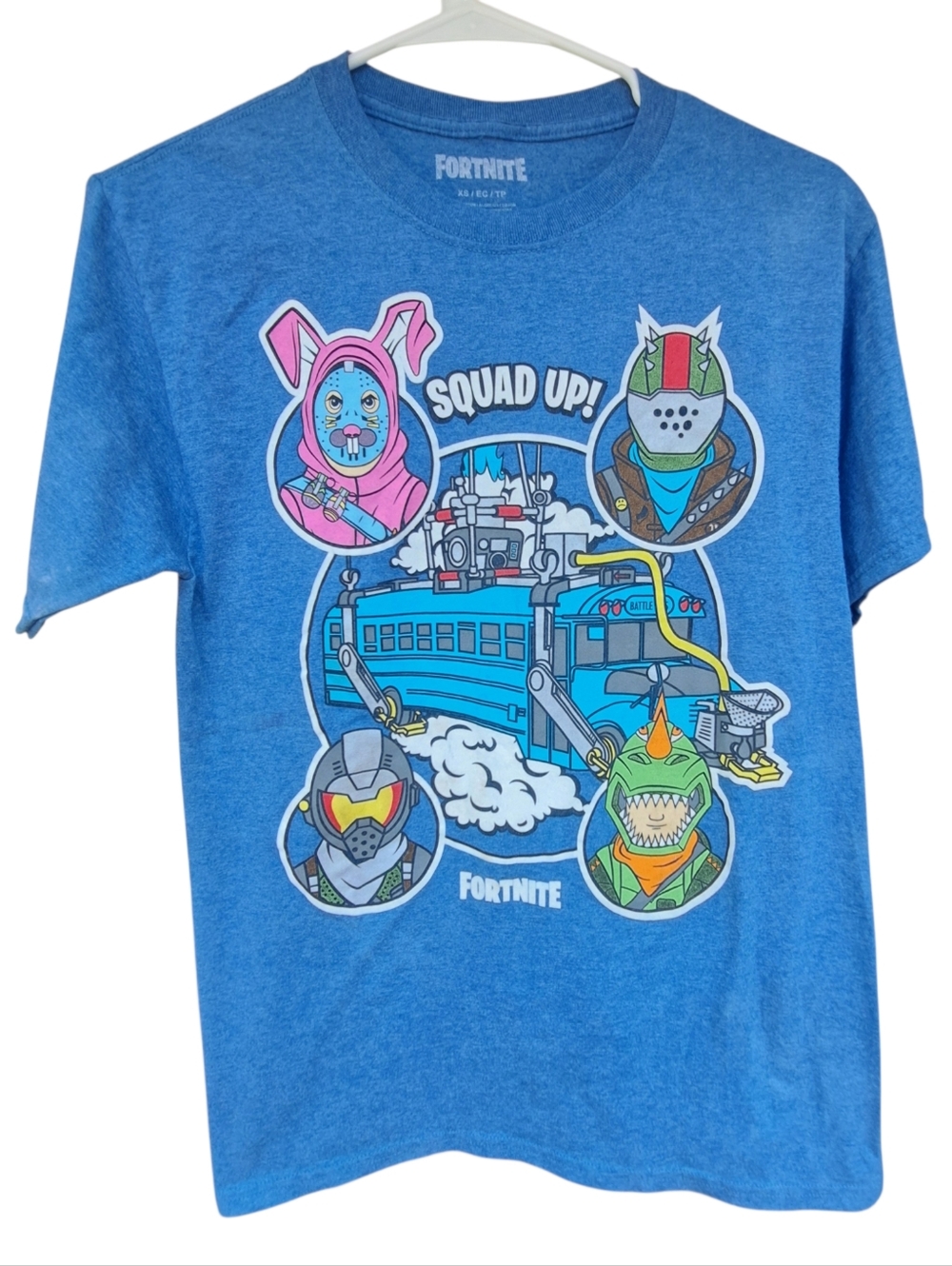 Fortnite Squad Up Graphic T-Shirt Youth XS Blue Gaming Tee Battle Bus